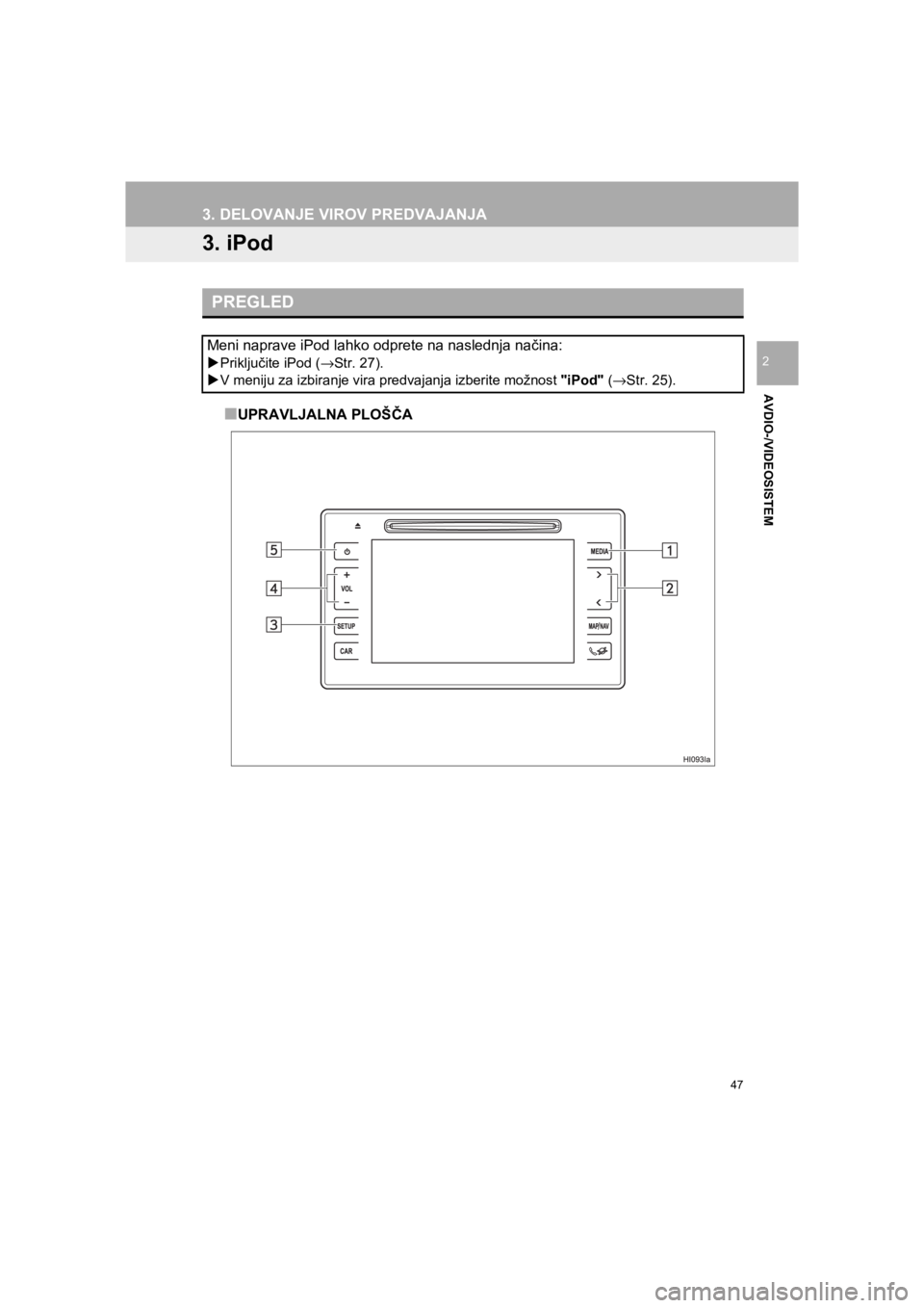 TOYOTA HILUX 2017  Manual de utilizare (in Romanian) 47
3. DELOVANJE VIROV PREDVAJANJA
HILUX_TOYOTA FORTUNER_Navi+MM_OM0K314E_(EE)
16.06.07     13:33
AVDIO-/VIDEOSISTEM
2
3. iPod
■UPRAVLJALNA PLOŠČA
PREGLED
Meni naprave iPod lahko odprete na nasledn