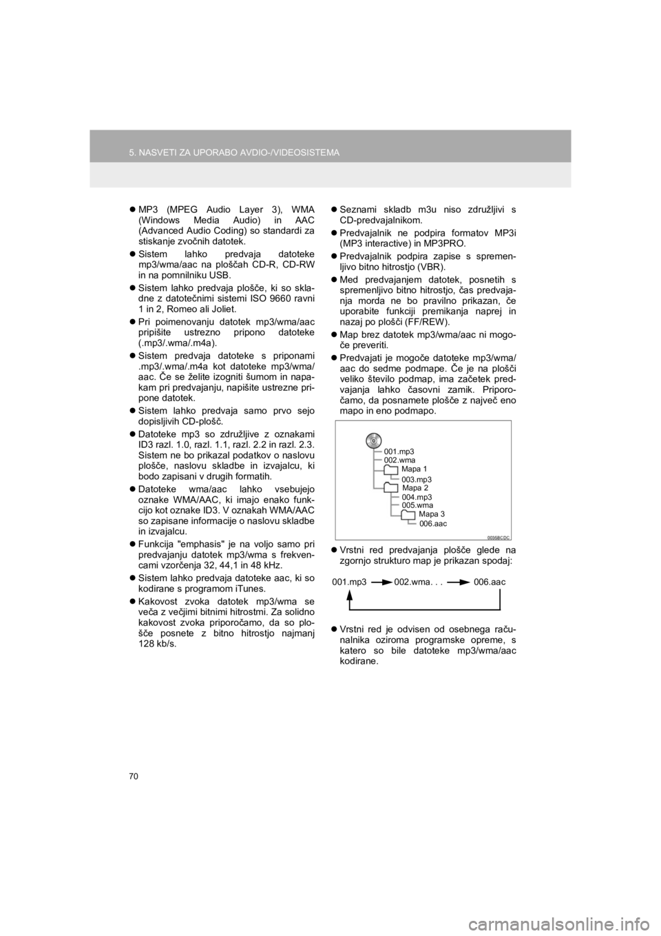 TOYOTA HILUX 2017  Manual de utilizare (in Romanian) 70
5. NASVETI ZA UPORABO AVDIO-/VIDEOSISTEMA
HILUX_TOYOTA FORTUNER_Navi+MM_OM0K314E_(EE)
16.06.07     13:33
�zMP3 (MPEG Audio Layer 3), WMA
(Windows Media Audio) in AAC
(Advanced Audio Coding) so stan