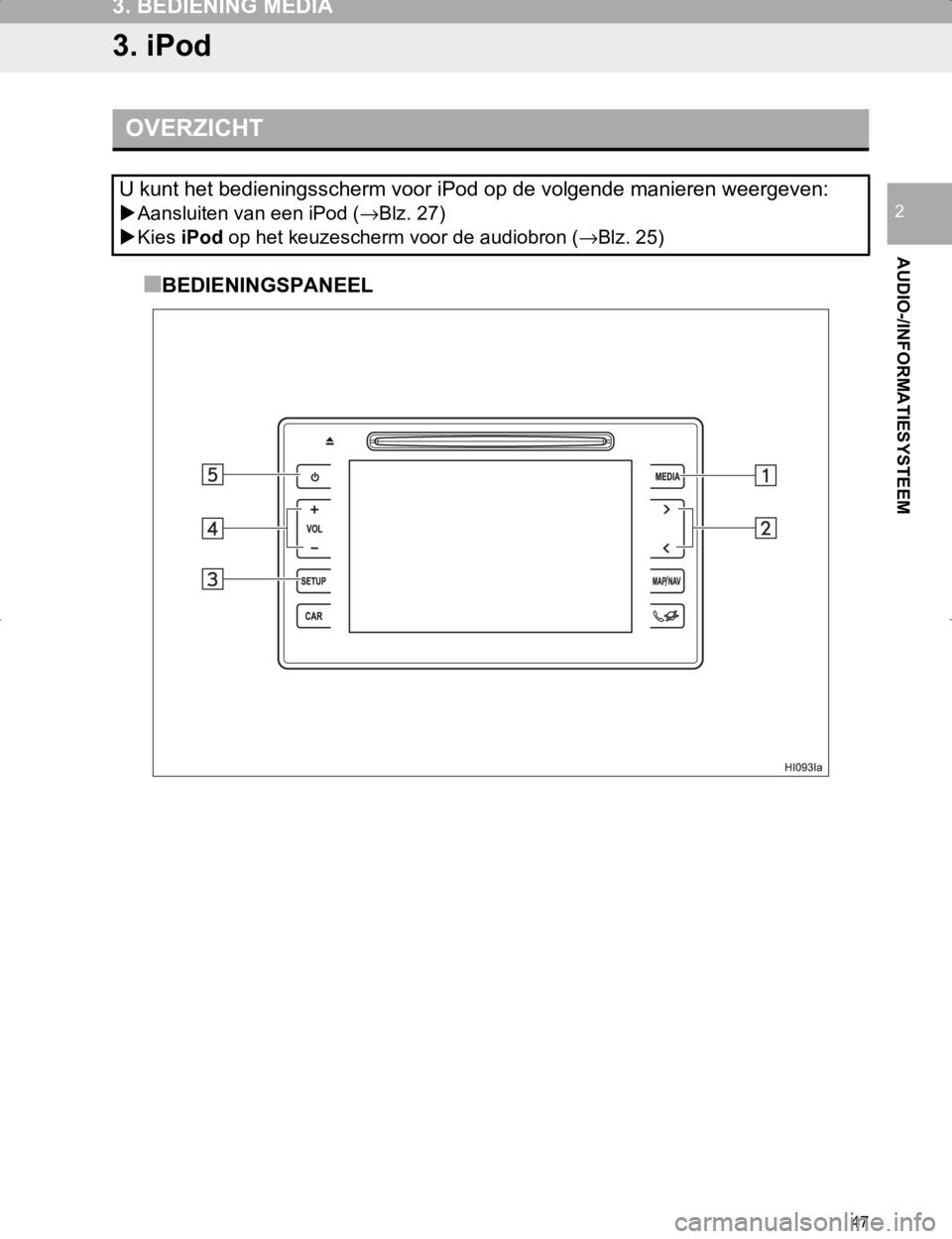 TOYOTA HILUX 2020 Instructieboekje (in Dutch) 47
3. BEDIENING MEDIA
HILUX_TOYOTA FORTUNER_Navi+MM_OM0K359E_(EE)
17.05.29 09:37
AUDIO-/INFORMATIESYSTEEM
2
3. iPod
■BEDIENINGSPANEEL
OVERZICHT
U kunt het bedieningsscherm voor iPod op de volgen TOYOTA HILUX 2020 Instructieboekje (in Dutch) 47
3. BEDIENING MEDIA
HILUX_TOYOTA FORTUNER_Navi+MM_OM0K359E_(EE)
17.05.29 09:37
AUDIO-/INFORMATIESYSTEEM
2
3. iPod
■BEDIENINGSPANEEL
OVERZICHT
U kunt het bedieningsscherm voor iPod op de volgen