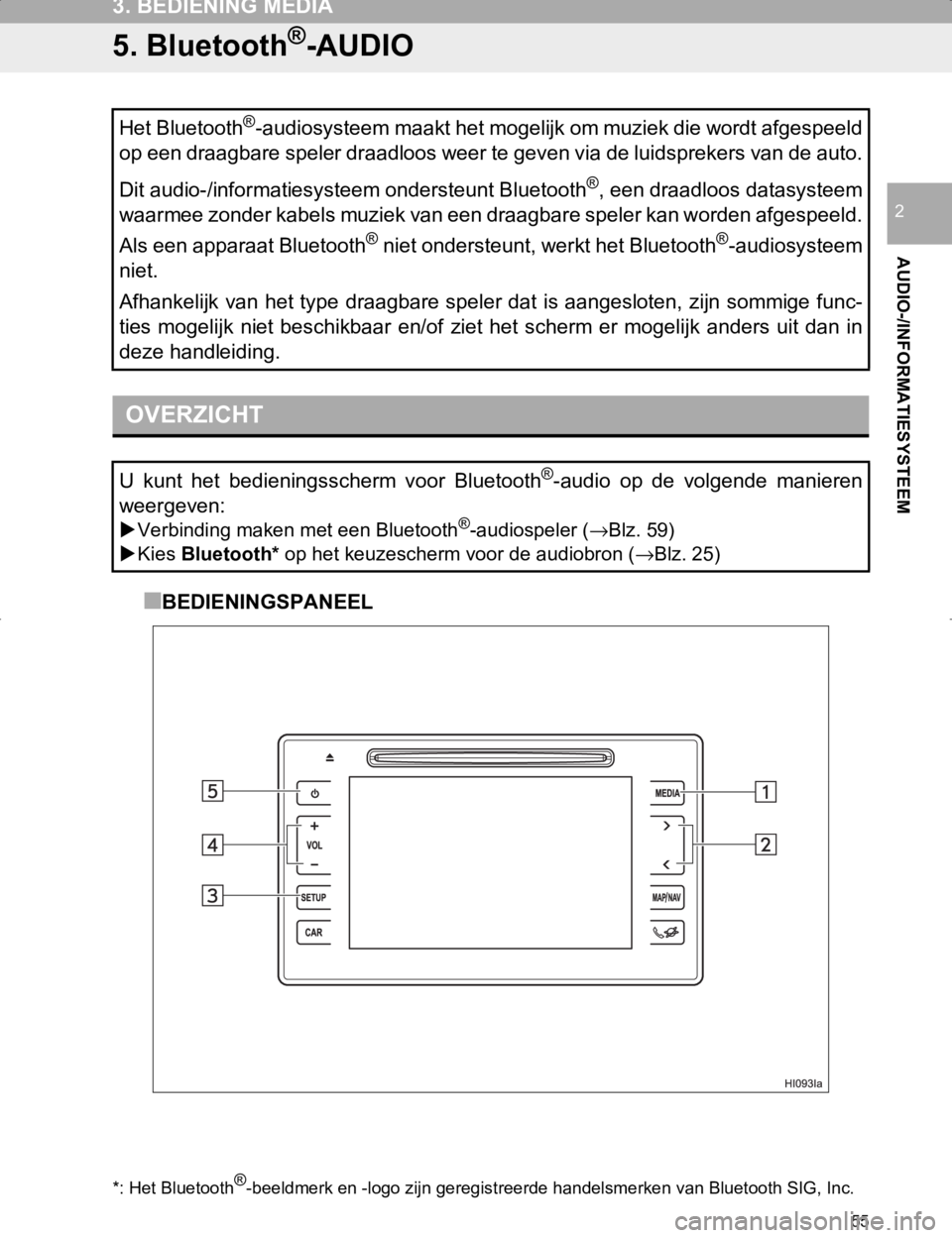 TOYOTA HILUX 2020 Instructieboekje (in Dutch) 55
3. BEDIENING MEDIA
HILUX_TOYOTA FORTUNER_Navi+MM_OM0K359E_(EE)
17.05.29 09:37
AUDIO-/INFORMATIESYSTEEM
2
5. Bluetooth®-AUDIO
■BEDIENINGSPANEEL Het Bluetooth
®-audiosysteem maakt het mogelij TOYOTA HILUX 2020 Instructieboekje (in Dutch) 55
3. BEDIENING MEDIA
HILUX_TOYOTA FORTUNER_Navi+MM_OM0K359E_(EE)
17.05.29 09:37
AUDIO-/INFORMATIESYSTEEM
2
5. Bluetooth®-AUDIO
■BEDIENINGSPANEEL Het Bluetooth
®-audiosysteem maakt het mogelij