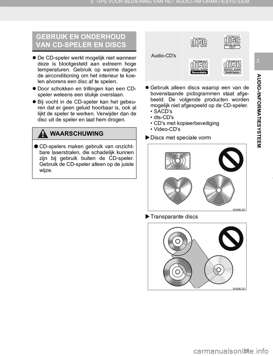 TOYOTA HILUX 2020 Instructieboekje (in Dutch) 67
5. TIPS VOOR BEDIENING VAN HET AUDIO-/INFORMATIESYSTEEM
HILUX_TOYOTA FORTUNER_Navi+MM_OM0K359E_(EE)
17.05.29 09:37
AUDIO-/INFORMATIESYSTEEM
2De CD-speler werkt mogelijk niet wanneer
deze is TOYOTA HILUX 2020 Instructieboekje (in Dutch) 67
5. TIPS VOOR BEDIENING VAN HET AUDIO-/INFORMATIESYSTEEM
HILUX_TOYOTA FORTUNER_Navi+MM_OM0K359E_(EE)
17.05.29 09:37
AUDIO-/INFORMATIESYSTEEM
2De CD-speler werkt mogelijk niet wanneer
deze is