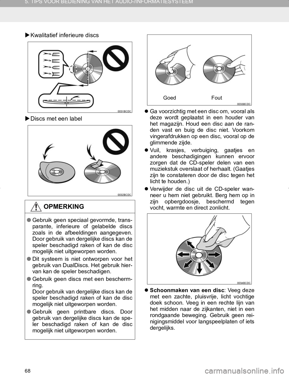 TOYOTA HILUX 2020 Instructieboekje (in Dutch) 68
5. TIPS VOOR BEDIENING VAN HET AUDIO-/INFORMATIESYSTEEM
HILUX_TOYOTA FORTUNER_Navi+MM_OM0K359E_(EE)
17.05.29 09:37
Kwalitatief inferieure discs
Discs met een label
Ga voorzichtig met e TOYOTA HILUX 2020 Instructieboekje (in Dutch) 68
5. TIPS VOOR BEDIENING VAN HET AUDIO-/INFORMATIESYSTEEM
HILUX_TOYOTA FORTUNER_Navi+MM_OM0K359E_(EE)
17.05.29 09:37
Kwalitatief inferieure discs
Discs met een label
Ga voorzichtig met e