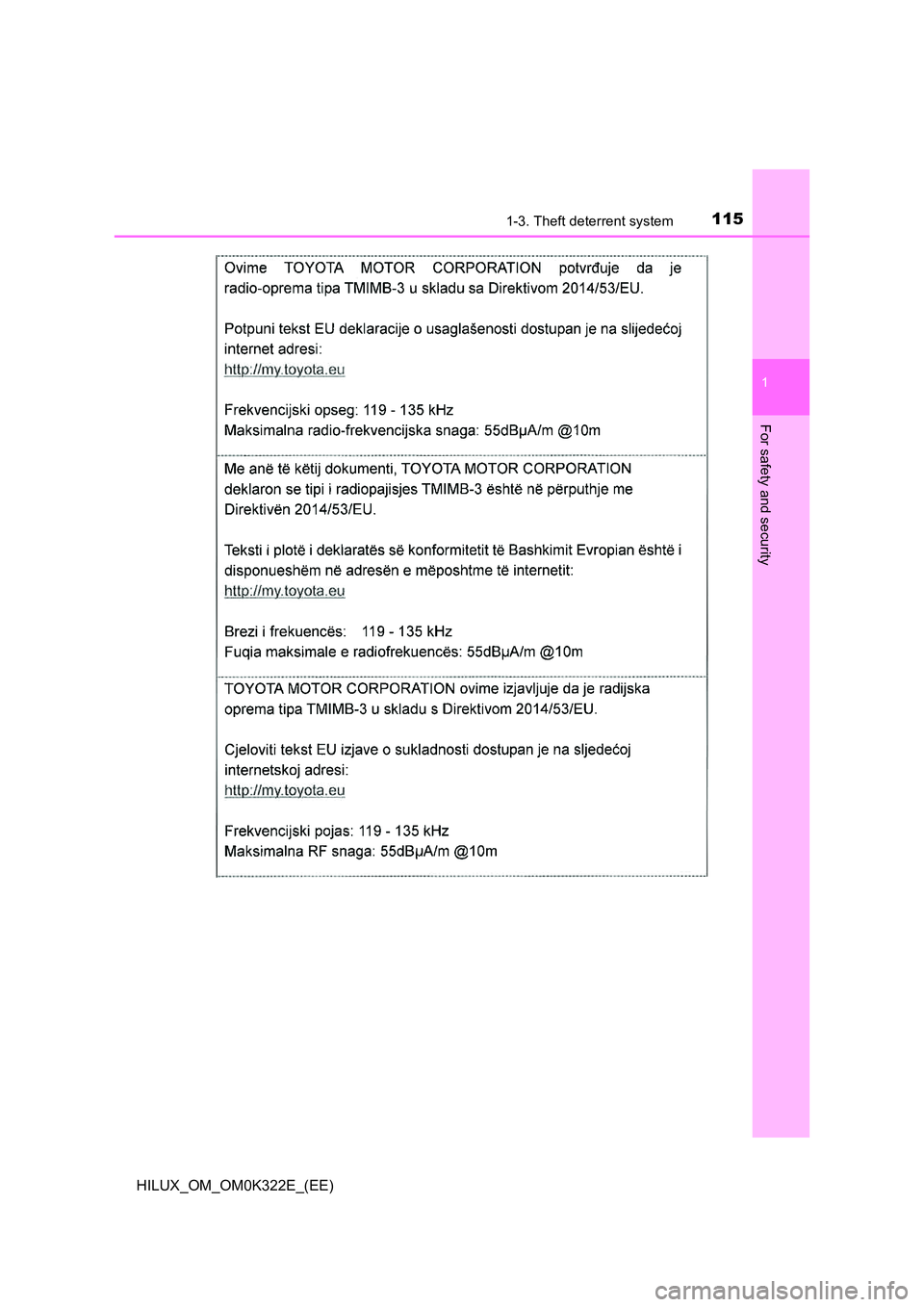 TOYOTA HILUX 2017  Owners Manual (in English) 1151-3. Theft deterrent system
1
HILUX_OM_OM0K322E_(EE)
For safety and security 
