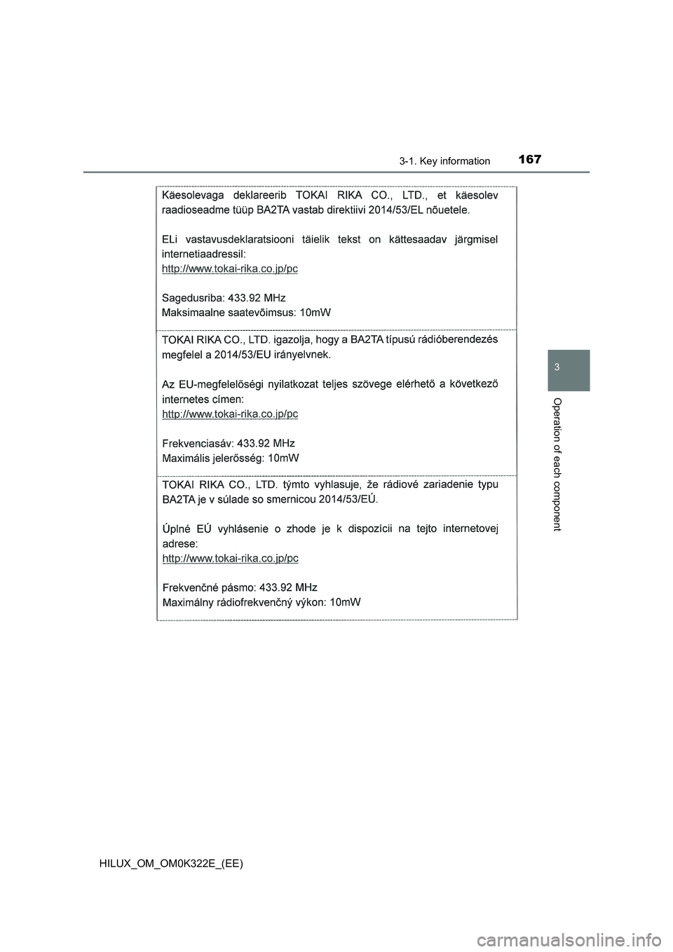 TOYOTA HILUX 2017 Owners Manual (in English) 1673-1. Key information
3
Operation of each component
HILUX_OM_OM0K322E_(EE) TOYOTA HILUX 2017 Owners Manual (in English) 1673-1. Key information
3
Operation of each component
HILUX_OM_OM0K322E_(EE)