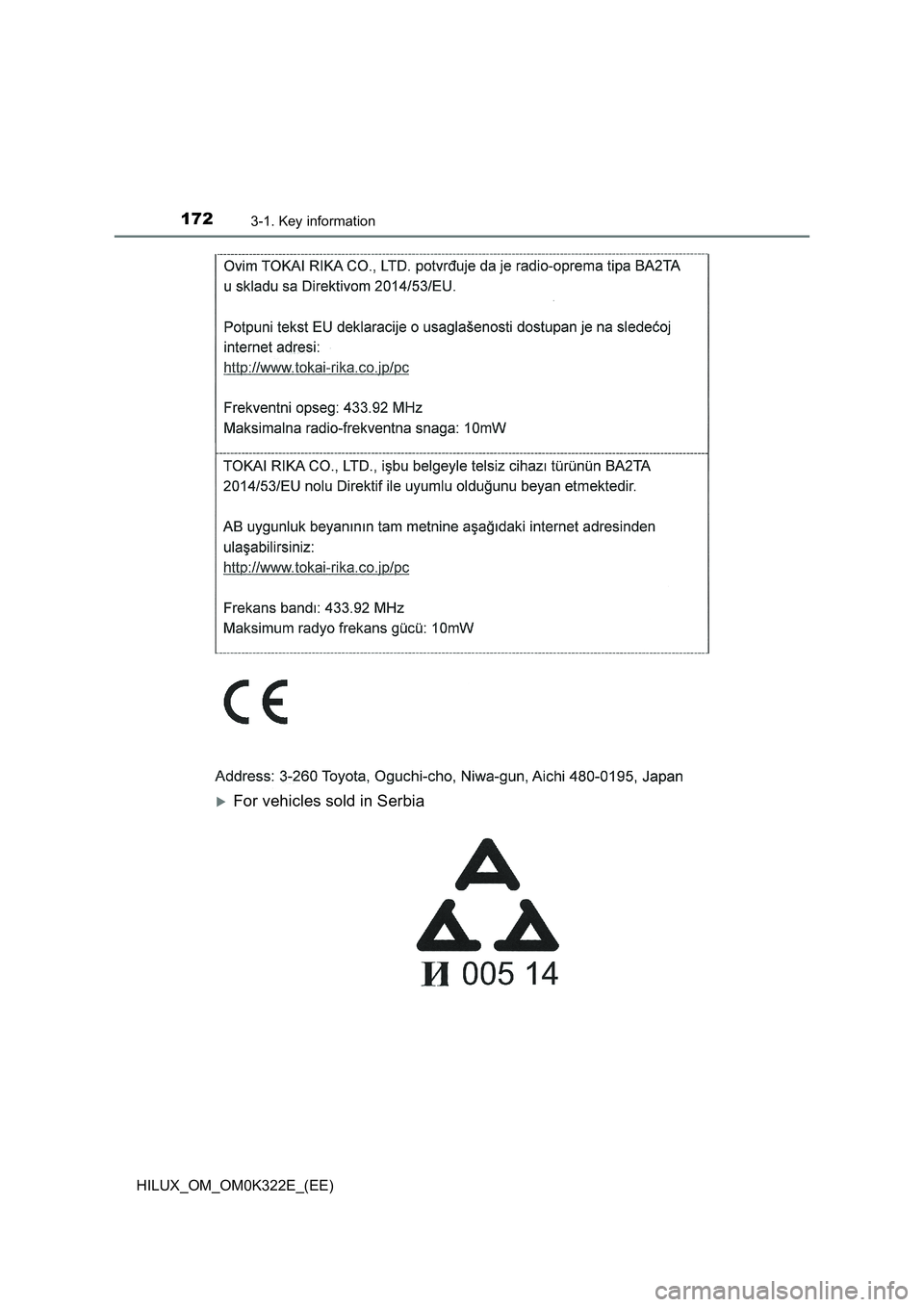 TOYOTA HILUX 2017 Owners Manual (in English) 1723-1. Key information
HILUX_OM_OM0K322E_(EE)
For vehicles sold in Serbia TOYOTA HILUX 2017 Owners Manual (in English) 1723-1. Key information
HILUX_OM_OM0K322E_(EE)
For vehicles sold in Serbia