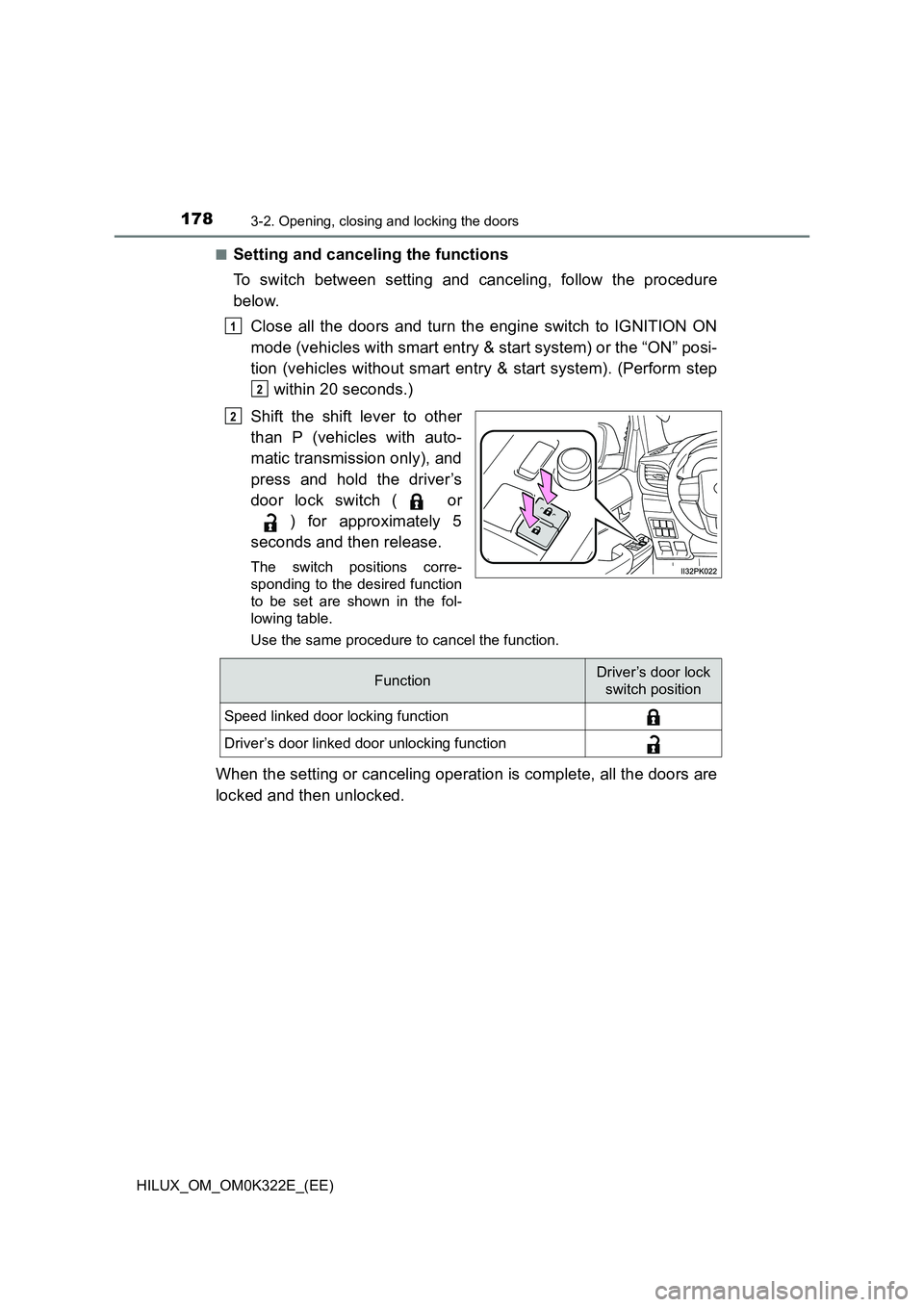 TOYOTA HILUX 2017 Owners Manual (in English) 1783-2. Opening, closing and locking the doors
HILUX_OM_OM0K322E_(EE)
■Setting and canceling the functions
To switch between setting and canceling, follow the procedure
below.
Close all the door TOYOTA HILUX 2017 Owners Manual (in English) 1783-2. Opening, closing and locking the doors
HILUX_OM_OM0K322E_(EE)
■Setting and canceling the functions
To switch between setting and canceling, follow the procedure
below.
Close all the door