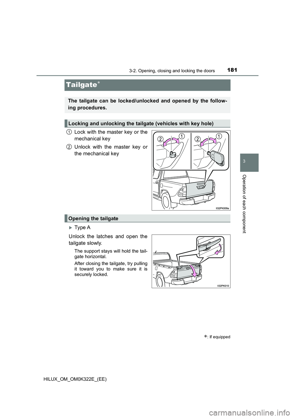 TOYOTA HILUX 2017 Owners Manual (in English) 181
3
3-2. Opening, closing and locking the doors
Operation of each component
HILUX_OM_OM0K322E_(EE)
Tailgate
Lock with the master key or the
mechanical key
Unlock with the master key or
the mec TOYOTA HILUX 2017 Owners Manual (in English) 181
3
3-2. Opening, closing and locking the doors
Operation of each component
HILUX_OM_OM0K322E_(EE)
Tailgate
Lock with the master key or the
mechanical key
Unlock with the master key or
the mec