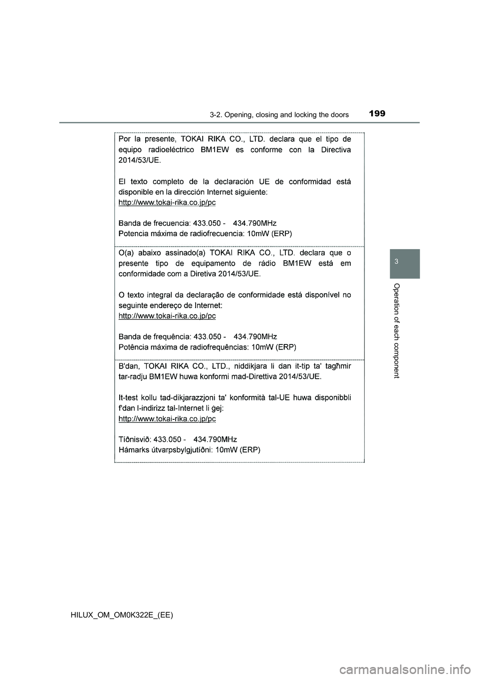 TOYOTA HILUX 2017 Owners Manual (in English) 1993-2. Opening, closing and locking the doors
3
Operation of each component
HILUX_OM_OM0K322E_(EE) TOYOTA HILUX 2017 Owners Manual (in English) 1993-2. Opening, closing and locking the doors
3
Operation of each component
HILUX_OM_OM0K322E_(EE)