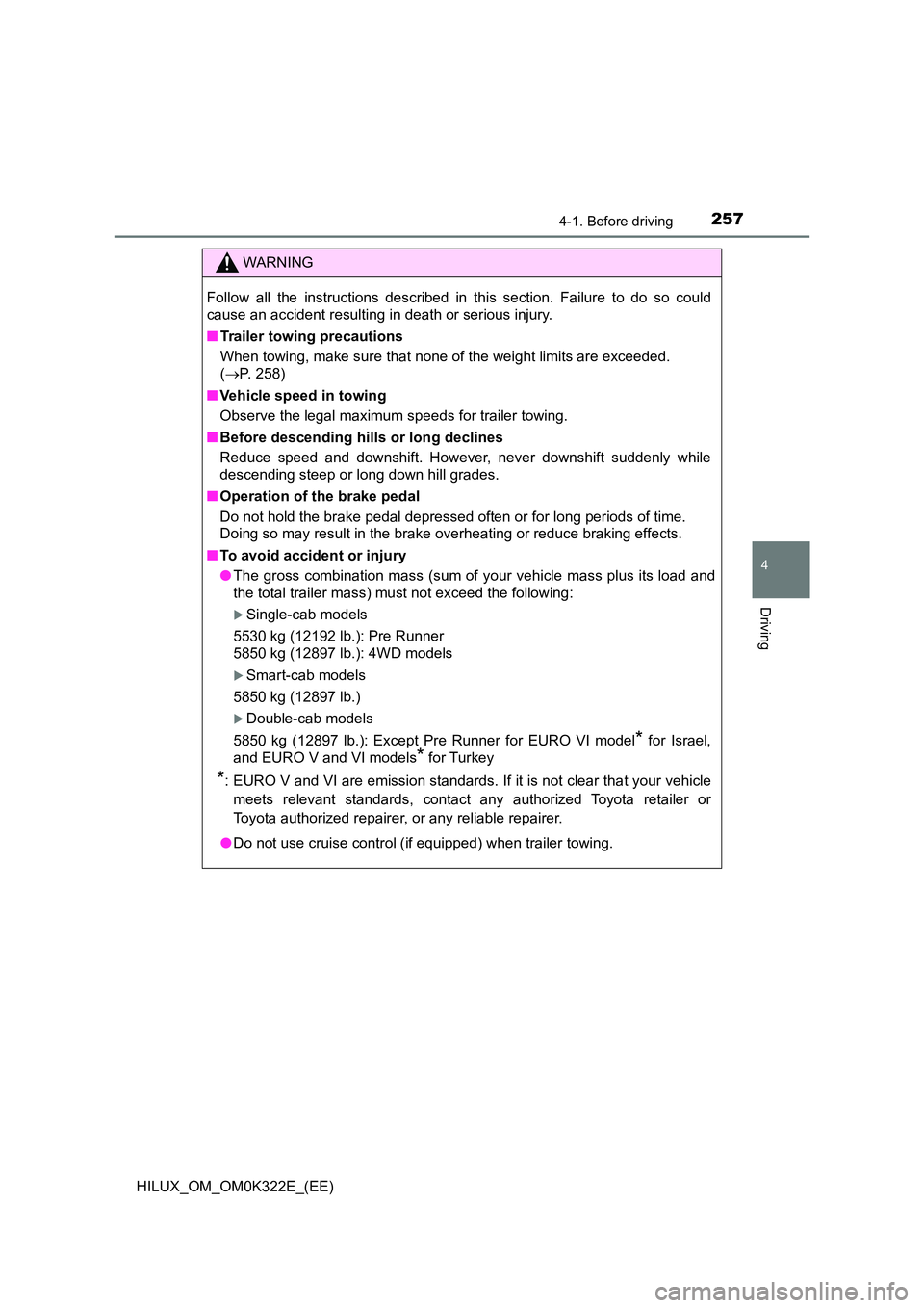 TOYOTA HILUX 2017  Owners Manual (in English) 2574-1. Before driving
4
Driving
HILUX_OM_OM0K322E_(EE)
WARNING
Follow all the instructions described in this section. Failure to do so could 
cause an accident resulting in death or serious injury. 
