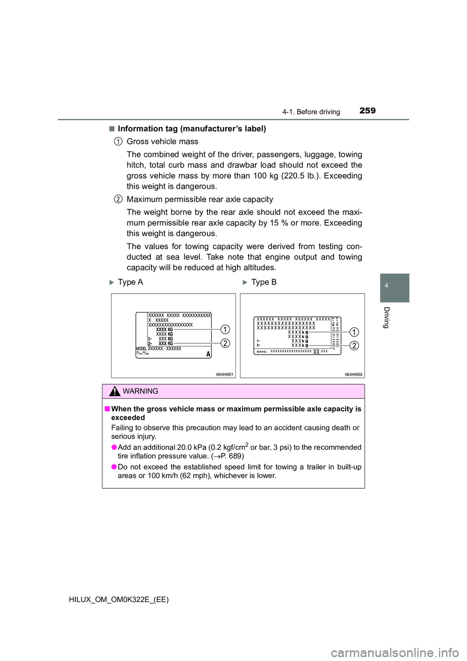 TOYOTA HILUX 2017  Owners Manual (in English) 2594-1. Before driving
4
Driving
HILUX_OM_OM0K322E_(EE) 
■Information tag (manufacturer’s label) 
Gross vehicle mass 
The combined weight of the driver, passengers, luggage, towing 
hitch, total c