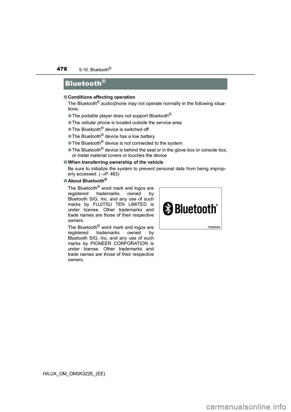 TOYOTA HILUX 2017  Owners Manual (in English) 4785-10. Bluetooth®
HILUX_OM_OM0K322E_(EE)
Bluetooth®
■Conditions affecting operation 
The Bluetooth® audio/phone may not operate normally in the following situa- 
tions: 
● The portable player