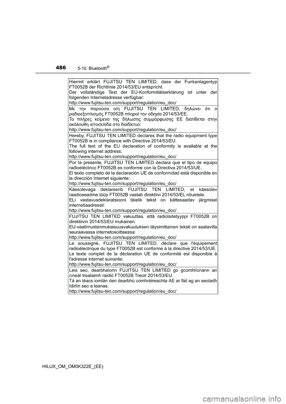 TOYOTA HILUX 2017  Owners Manual (in English) 4865-10. Bluetooth®
HILUX_OM_OM0K322E_(EE) 