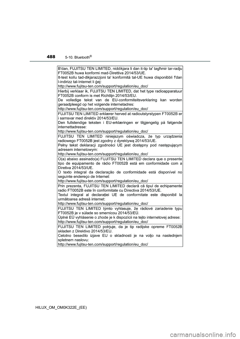 TOYOTA HILUX 2017  Owners Manual (in English) 4885-10. Bluetooth®
HILUX_OM_OM0K322E_(EE) 