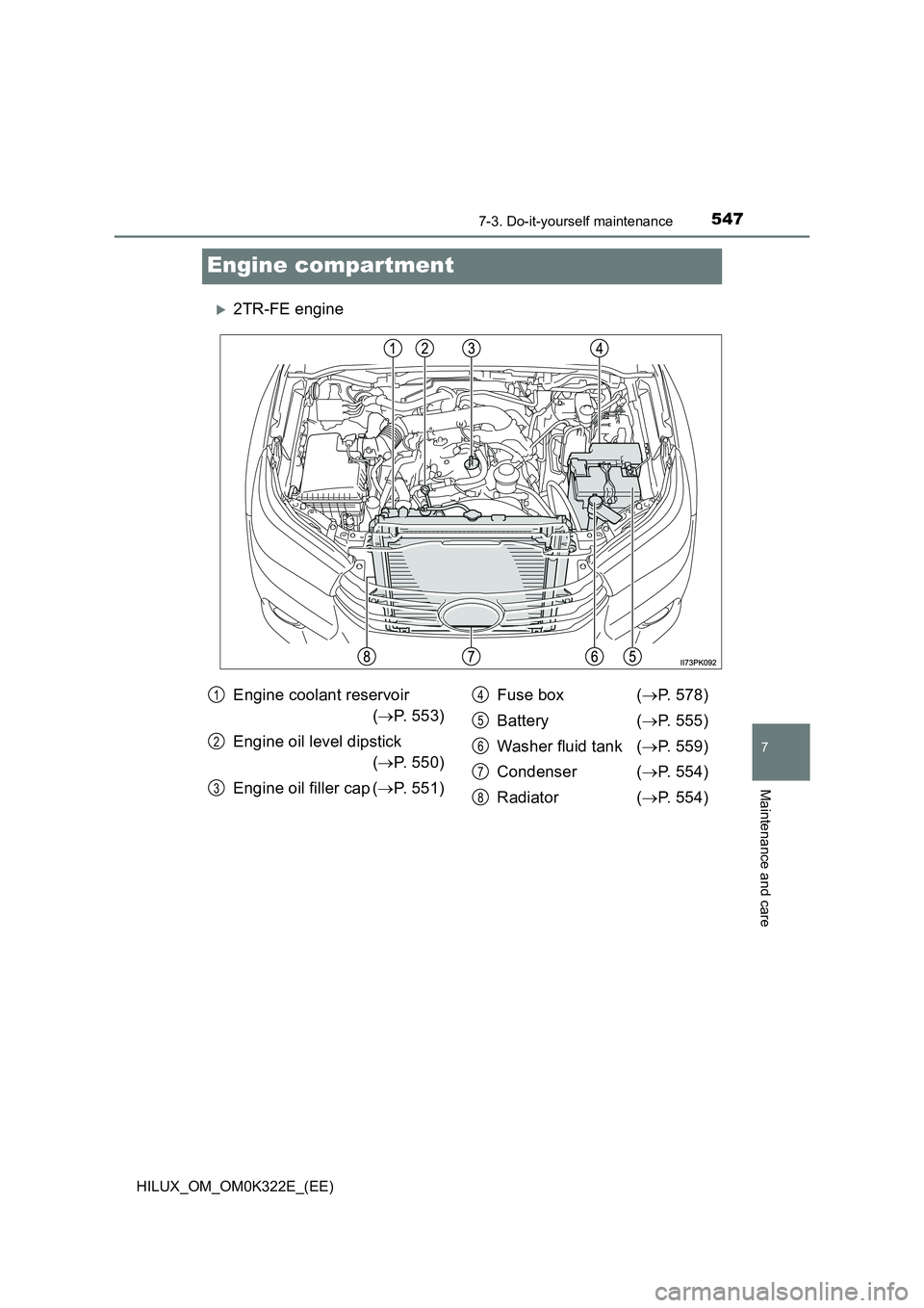 TOYOTA HILUX 2017  Owners Manual (in English) 5477-3. Do-it-yourself maintenance
HILUX_OM_OM0K322E_(EE)
7
Maintenance and care
Engine compartment
2TR-FE engine
Engine coolant reservoir  
( P. 553) 
Engine oil level dipstick  
 ( P. 550) 