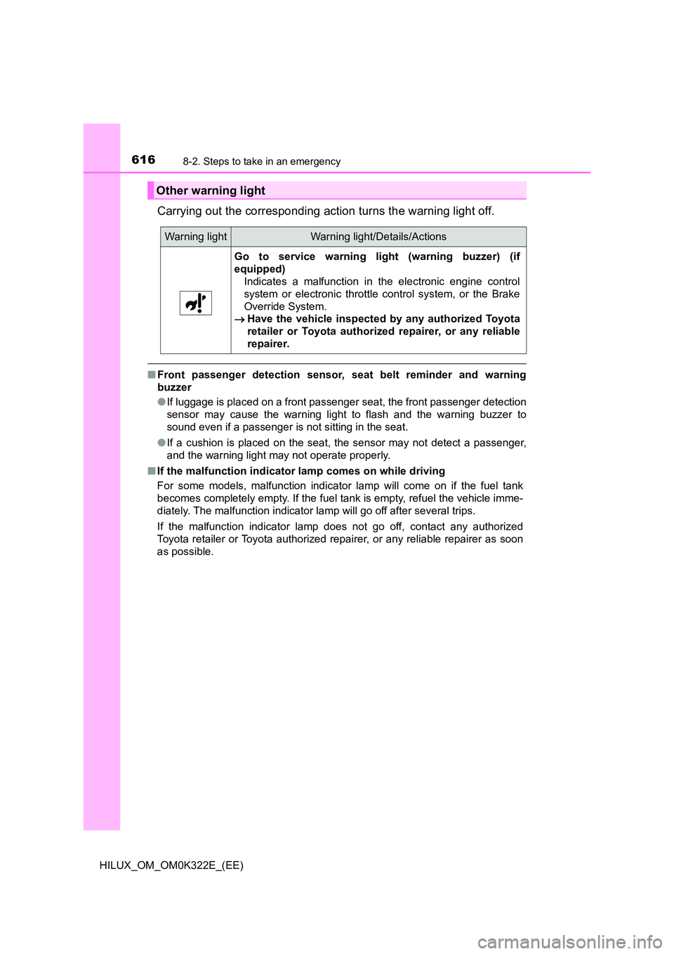 TOYOTA HILUX 2017  Owners Manual (in English) 6168-2. Steps to take in an emergency
HILUX_OM_OM0K322E_(EE)
Carrying out the corresponding action turns the warning light off.
■Front passenger detection sensor, seat belt reminder and warning 
buz