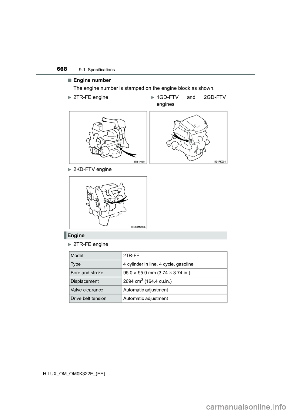 TOYOTA HILUX 2017  Owners Manual (in English) 6689-1. Specifications
HILUX_OM_OM0K322E_(EE) 
■Engine number 
The engine number is stamped on the engine block as shown.
2TR-FE engine
2TR-FE engine1GD-FTV and 2GD-FTV 
engines
2KD-FTV 