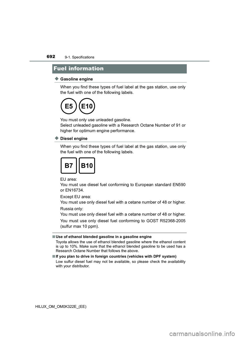 TOYOTA HILUX 2017  Owners Manual (in English) 6929-1. Specifications
HILUX_OM_OM0K322E_(EE)
Fuel information
◆Gasoline engine 
When you find these types of fuel label at the gas station, use only 
the fuel with one of the following labels. 
  
