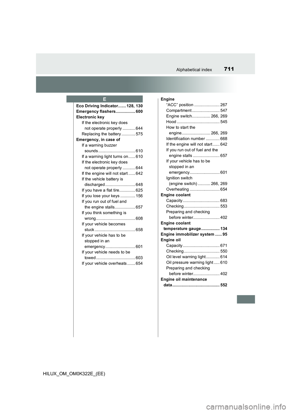 TOYOTA HILUX 2017  Owners Manual (in English) 711Alphabetical index
HILUX_OM_OM0K322E_(EE)
Eco Driving Indicator....... 128, 130 
Emergency flashers................. 600 
Electronic key
If the electronic key does 
not operate properly ...........