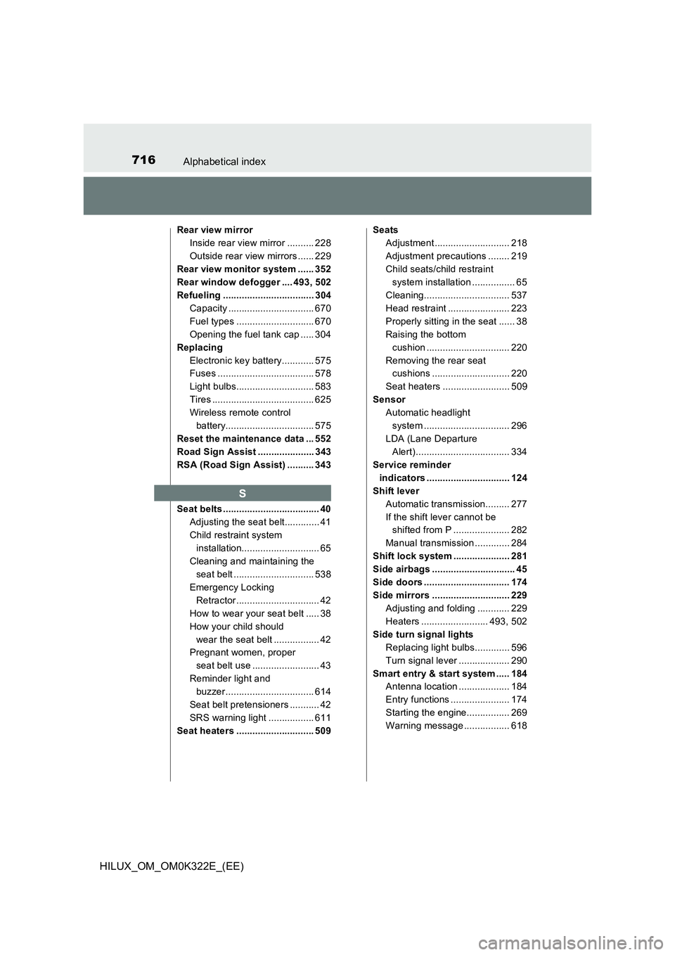 TOYOTA HILUX 2017 Owners Manual (in English) 716Alphabetical index
HILUX_OM_OM0K322E_(EE)
Rear view mirror
Inside rear view mirror .......... 228
Outside rear view mirrors ...... 229
Rear view monitor system ...... 352
Rear window defogger ... TOYOTA HILUX 2017 Owners Manual (in English) 716Alphabetical index
HILUX_OM_OM0K322E_(EE)
Rear view mirror
Inside rear view mirror .......... 228
Outside rear view mirrors ...... 229
Rear view monitor system ...... 352
Rear window defogger ...
