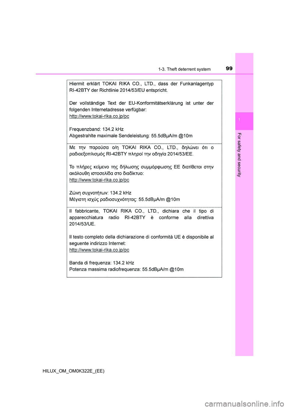 TOYOTA HILUX 2017  Owners Manual (in English) 991-3. Theft deterrent system
1
HILUX_OM_OM0K322E_(EE)
For safety and security 