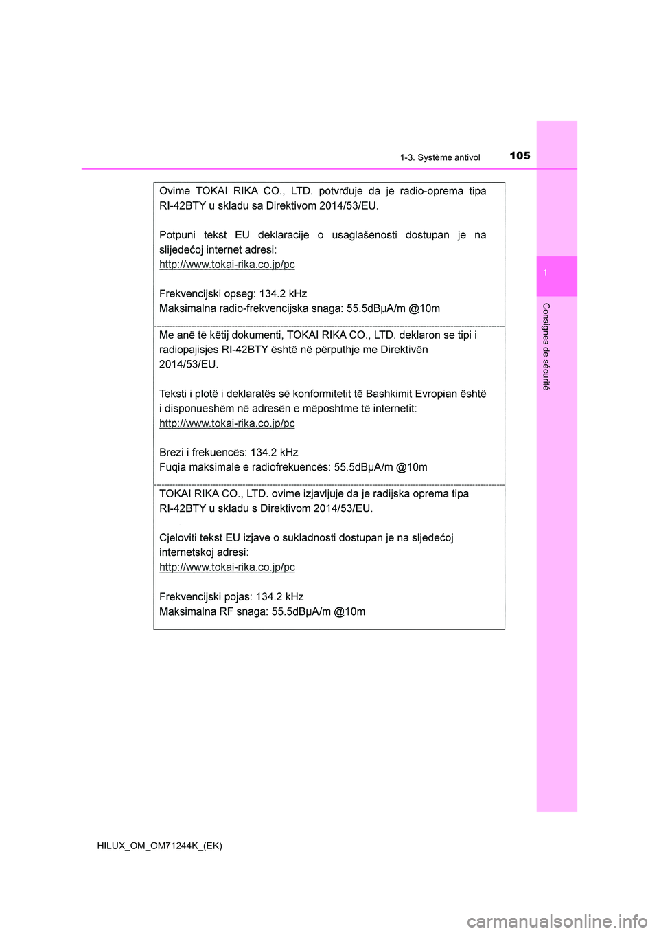 TOYOTA HILUX 2017 Notices Demploi (in French) 1051-3. Système antivol
1
HILUX_OM_OM71244K_(EK)
Consignes de sécurité TOYOTA HILUX 2017 Notices Demploi (in French) 1051-3. Système antivol
1
HILUX_OM_OM71244K_(EK)
Consignes de sécurité