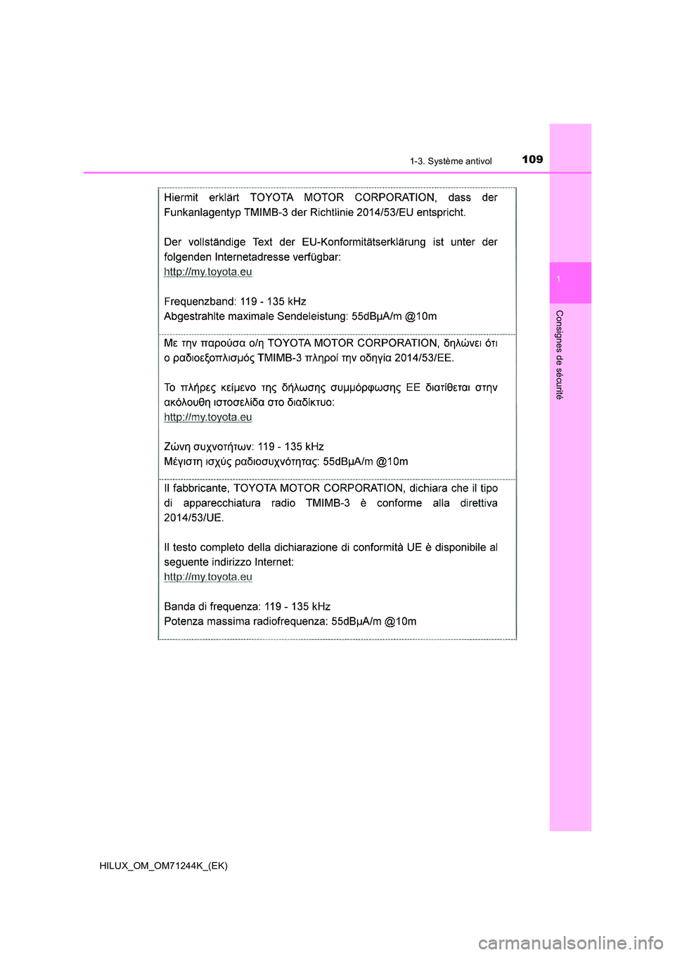 TOYOTA HILUX 2017 Notices Demploi (in French) 1091-3. Système antivol
1
HILUX_OM_OM71244K_(EK)
Consignes de sécurité TOYOTA HILUX 2017 Notices Demploi (in French) 1091-3. Système antivol
1
HILUX_OM_OM71244K_(EK)
Consignes de sécurité
