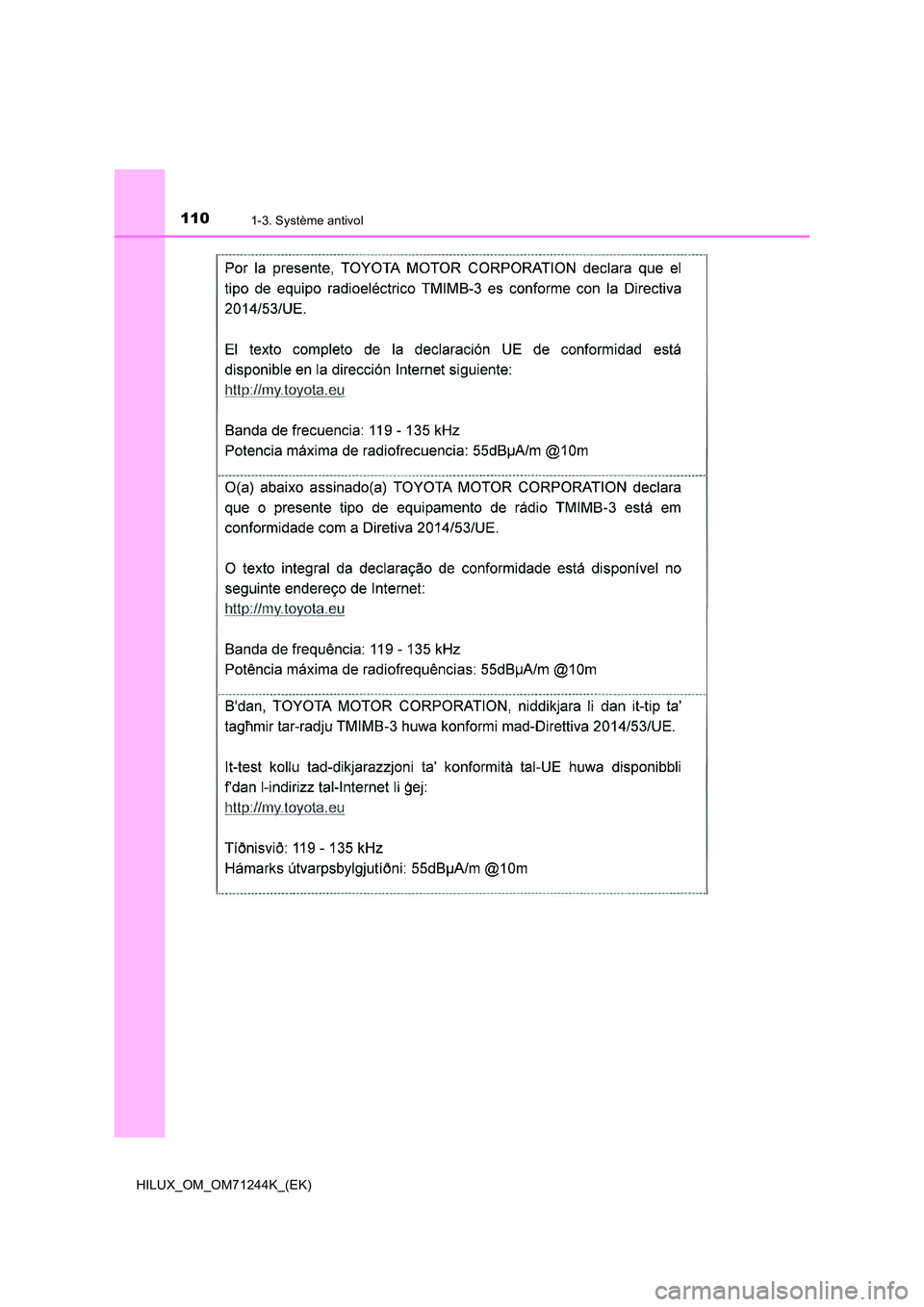 TOYOTA HILUX 2017 Notices Demploi (in French) 1101-3. Système antivol
HILUX_OM_OM71244K_(EK) TOYOTA HILUX 2017 Notices Demploi (in French) 1101-3. Système antivol
HILUX_OM_OM71244K_(EK)