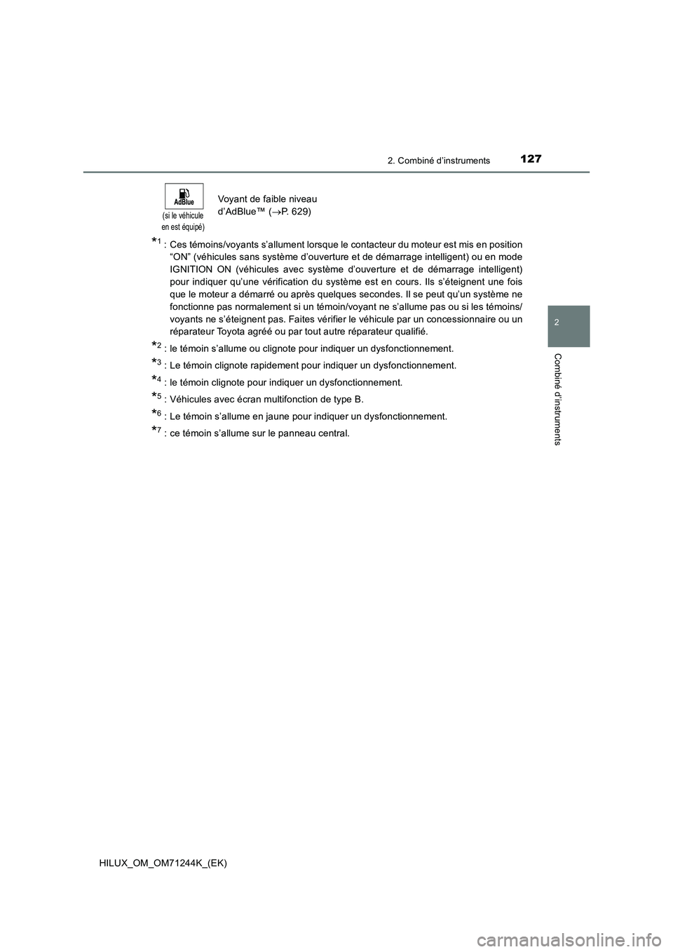 TOYOTA HILUX 2017 Notices Demploi (in French) 1272. Combiné d’instruments
2
Combiné d’instruments
HILUX_OM_OM71244K_(EK)
*1: Ces témoins/voyants s’allument lorsque le contacteur du moteur est mis en position
“ON” (véhicules sans sys TOYOTA HILUX 2017 Notices Demploi (in French) 1272. Combiné d’instruments
2
Combiné d’instruments
HILUX_OM_OM71244K_(EK)
*1: Ces témoins/voyants s’allument lorsque le contacteur du moteur est mis en position
“ON” (véhicules sans sys