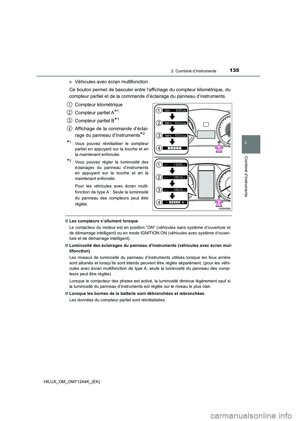 TOYOTA HILUX 2017 Notices Demploi (in French) 1352. Combiné d’instruments
2
Combiné d’instruments
HILUX_OM_OM71244K_(EK)
Véhicules avec écran multifonction
Ce bouton permet de basculer entre l’affichage du compteur kilométrique, du TOYOTA HILUX 2017 Notices Demploi (in French) 1352. Combiné d’instruments
2
Combiné d’instruments
HILUX_OM_OM71244K_(EK)
Véhicules avec écran multifonction
Ce bouton permet de basculer entre l’affichage du compteur kilométrique, du