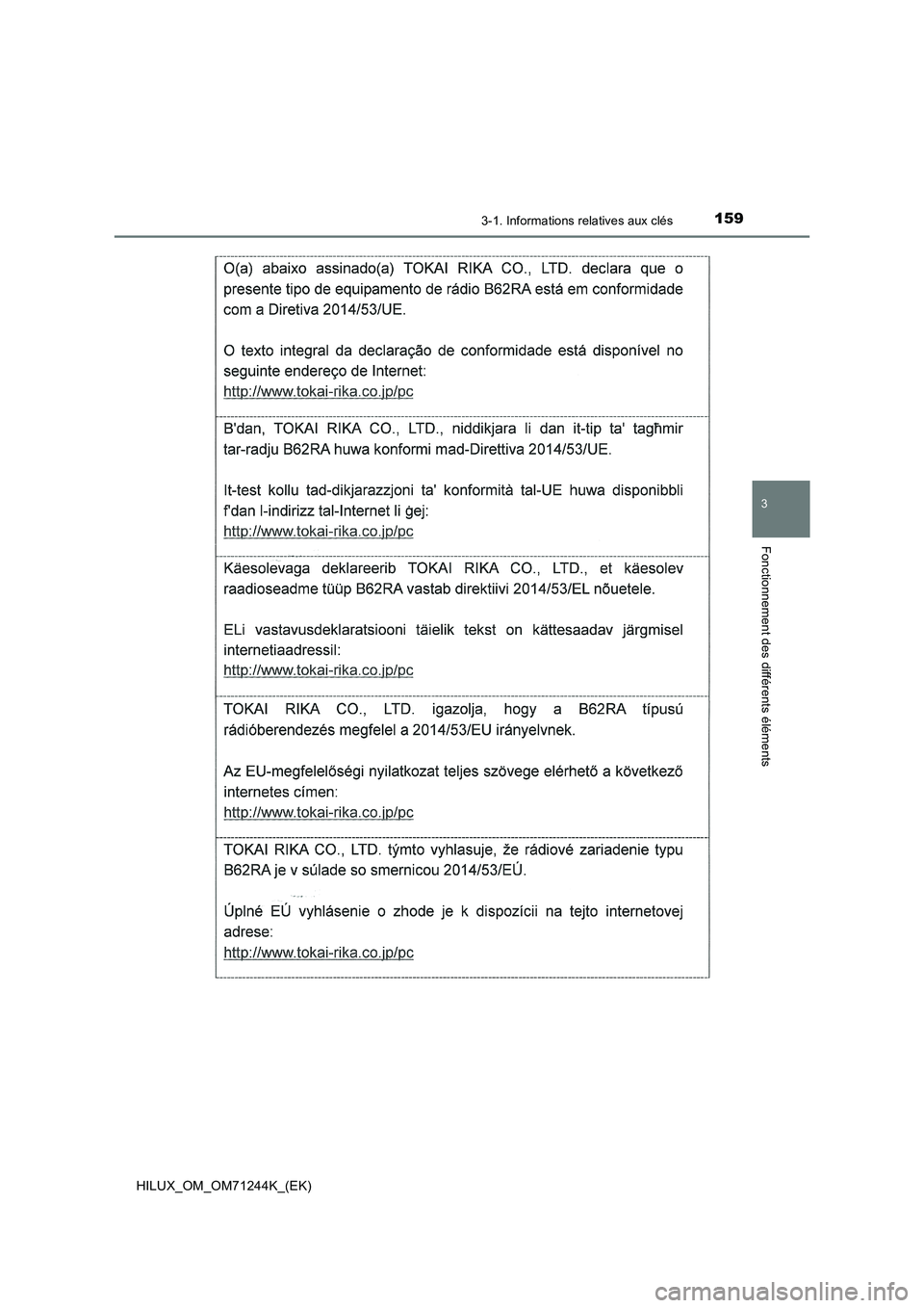 TOYOTA HILUX 2017 Notices Demploi (in French) 1593-1. Informations relatives aux clés
3
Fonctionnement des différents éléments
HILUX_OM_OM71244K_(EK) TOYOTA HILUX 2017 Notices Demploi (in French) 1593-1. Informations relatives aux clés
3
Fonctionnement des différents éléments
HILUX_OM_OM71244K_(EK)