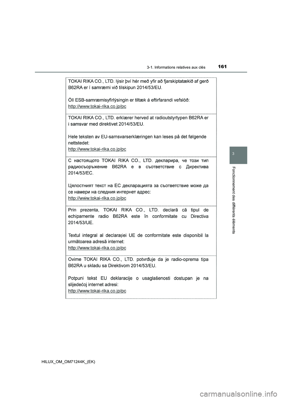 TOYOTA HILUX 2017 Notices Demploi (in French) 1613-1. Informations relatives aux clés
3
Fonctionnement des différents éléments
HILUX_OM_OM71244K_(EK) TOYOTA HILUX 2017 Notices Demploi (in French) 1613-1. Informations relatives aux clés
3
Fonctionnement des différents éléments
HILUX_OM_OM71244K_(EK)