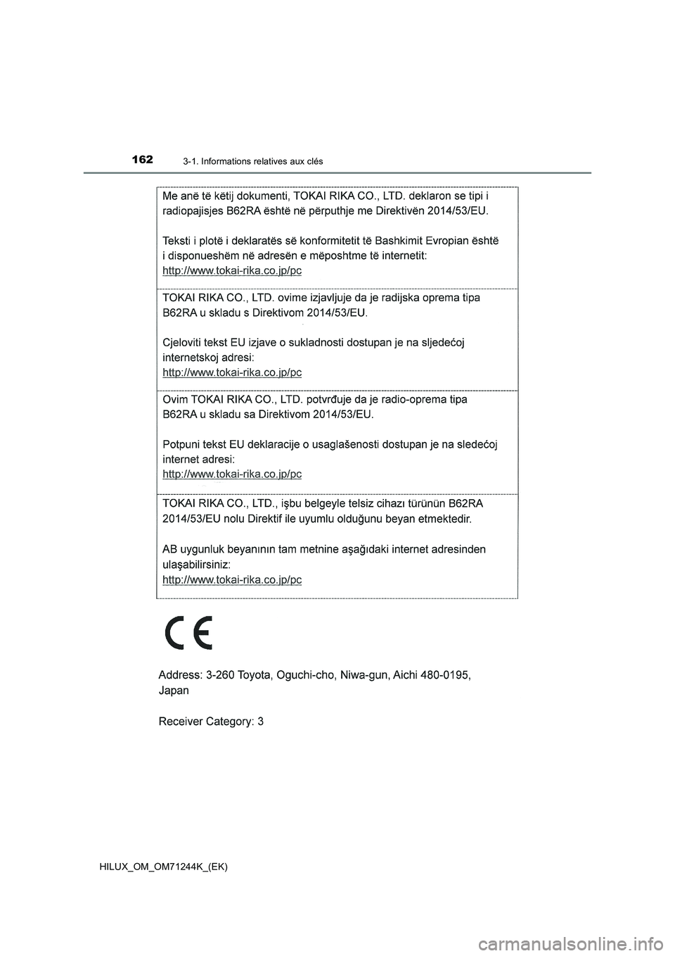 TOYOTA HILUX 2017 Notices Demploi (in French) 1623-1. Informations relatives aux clés
HILUX_OM_OM71244K_(EK) TOYOTA HILUX 2017 Notices Demploi (in French) 1623-1. Informations relatives aux clés
HILUX_OM_OM71244K_(EK)