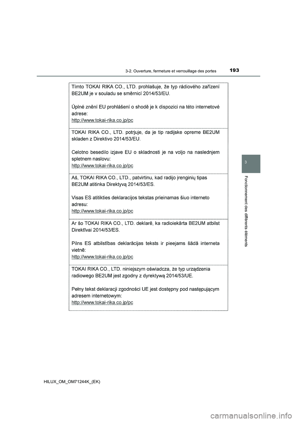 TOYOTA HILUX 2017  Notices Demploi (in French) 1933-2. Ouverture, fermeture et verrouillage des portes
3
Fonctionnement des différents éléments
HILUX_OM_OM71244K_(EK) 