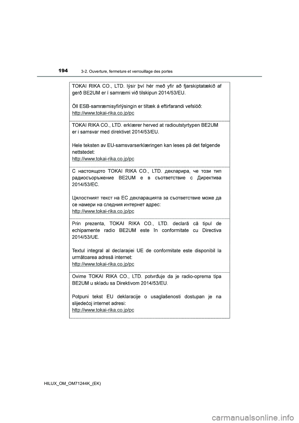 TOYOTA HILUX 2017  Notices Demploi (in French) 1943-2. Ouverture, fermeture et verrouillage des portes
HILUX_OM_OM71244K_(EK) 