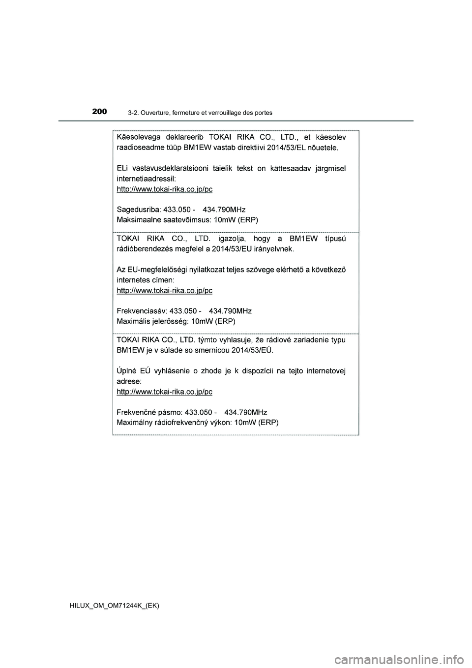 TOYOTA HILUX 2017  Notices Demploi (in French) 2003-2. Ouverture, fermeture et verrouillage des portes
HILUX_OM_OM71244K_(EK) 