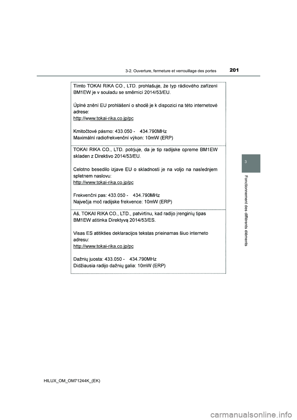 TOYOTA HILUX 2017 Notices Demploi (in French) 2013-2. Ouverture, fermeture et verrouillage des portes
3
Fonctionnement des différents éléments
HILUX_OM_OM71244K_(EK) TOYOTA HILUX 2017 Notices Demploi (in French) 2013-2. Ouverture, fermeture et verrouillage des portes
3
Fonctionnement des différents éléments
HILUX_OM_OM71244K_(EK)