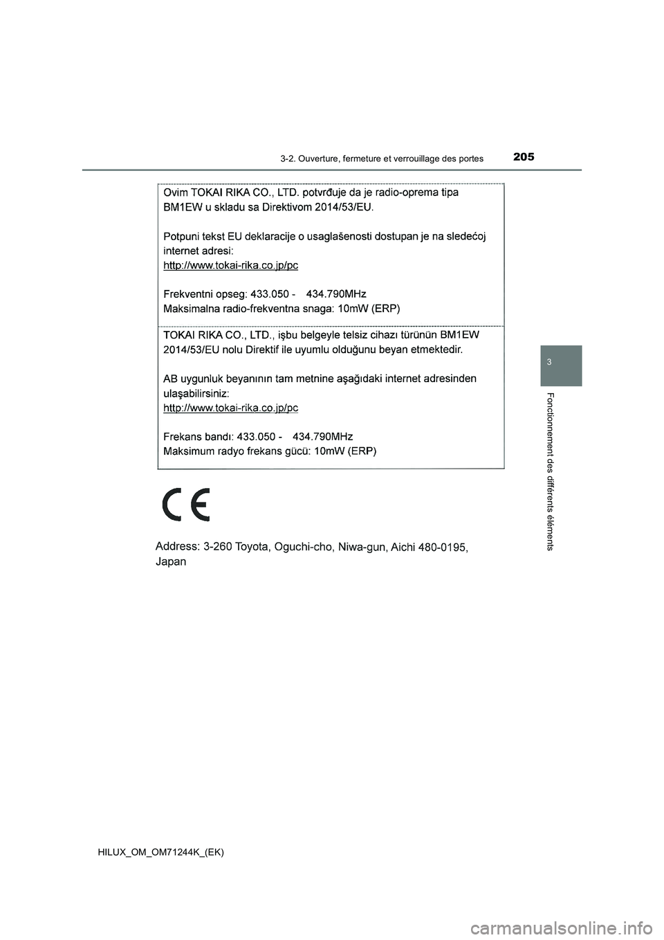 TOYOTA HILUX 2017 Notices Demploi (in French) 2053-2. Ouverture, fermeture et verrouillage des portes
3
Fonctionnement des différents éléments
HILUX_OM_OM71244K_(EK) TOYOTA HILUX 2017 Notices Demploi (in French) 2053-2. Ouverture, fermeture et verrouillage des portes
3
Fonctionnement des différents éléments
HILUX_OM_OM71244K_(EK)