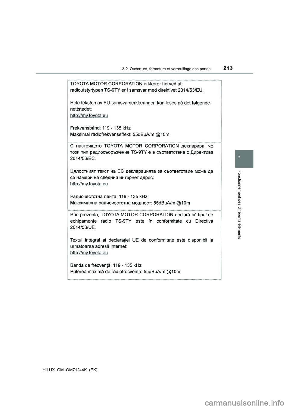 TOYOTA HILUX 2017  Notices Demploi (in French) 2133-2. Ouverture, fermeture et verrouillage des portes
3
Fonctionnement des différents éléments
HILUX_OM_OM71244K_(EK) 