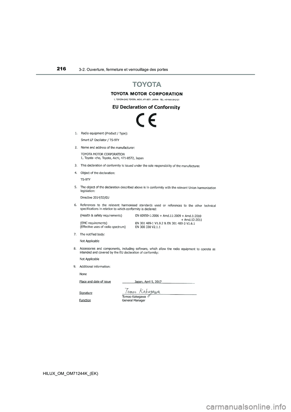TOYOTA HILUX 2017  Notices Demploi (in French) 2163-2. Ouverture, fermeture et verrouillage des portes
HILUX_OM_OM71244K_(EK) 