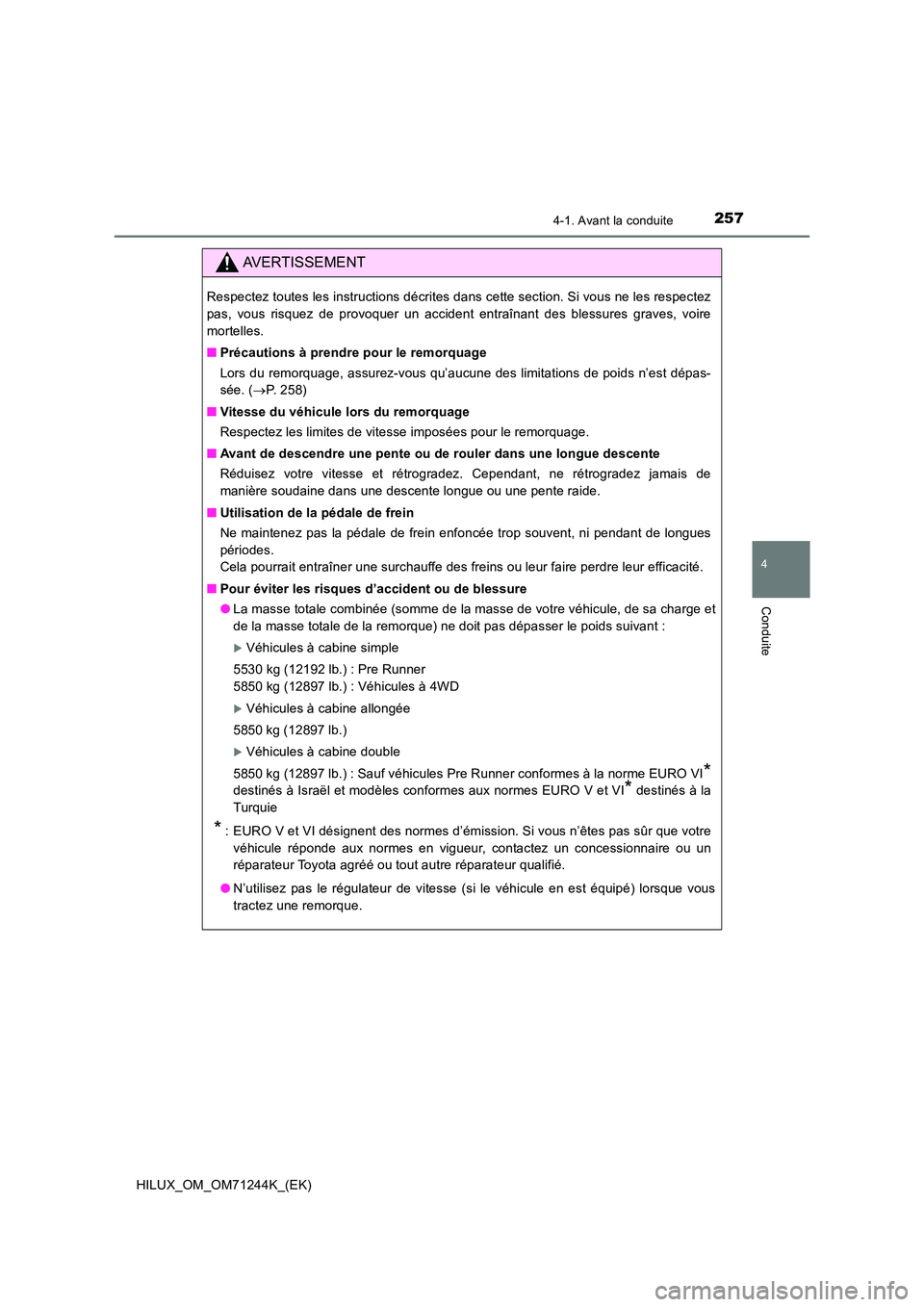 TOYOTA HILUX 2017 Notices Demploi (in French) 2574-1. Avant la conduite
4
Conduite
HILUX_OM_OM71244K_(EK)
AVERTISSEMENT
Respectez toutes les instructions décrites dans cette section. Si vous ne les respectez
pas, vous risquez de provoquer un ac TOYOTA HILUX 2017 Notices Demploi (in French) 2574-1. Avant la conduite
4
Conduite
HILUX_OM_OM71244K_(EK)
AVERTISSEMENT
Respectez toutes les instructions décrites dans cette section. Si vous ne les respectez
pas, vous risquez de provoquer un ac