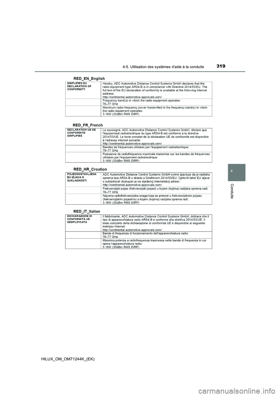 TOYOTA HILUX 2017 Notices Demploi (in French) 3194-5. Utilisation des systèmes d’aide à la conduite
4
Conduite
HILUX_OM_OM71244K_(EK) TOYOTA HILUX 2017 Notices Demploi (in French) 3194-5. Utilisation des systèmes d’aide à la conduite
4
Conduite
HILUX_OM_OM71244K_(EK)
