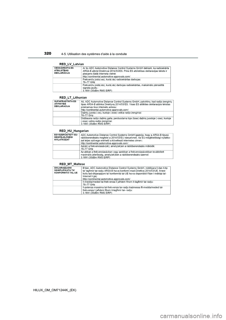 TOYOTA HILUX 2017 Notices Demploi (in French) 3204-5. Utilisation des systèmes d’aide à la conduite
HILUX_OM_OM71244K_(EK) TOYOTA HILUX 2017 Notices Demploi (in French) 3204-5. Utilisation des systèmes d’aide à la conduite
HILUX_OM_OM71244K_(EK)