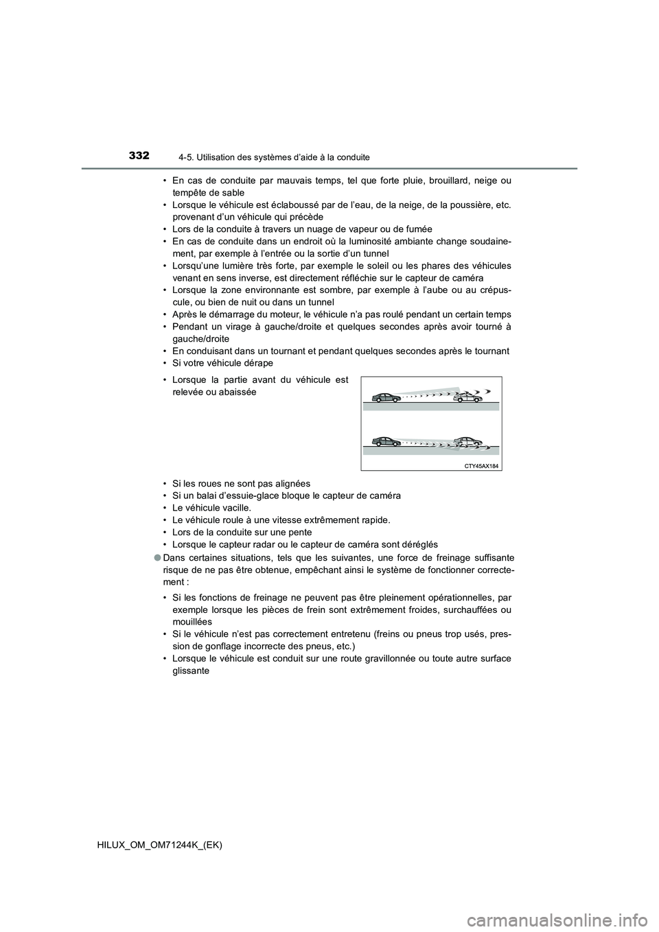 TOYOTA HILUX 2017 Notices Demploi (in French) 3324-5. Utilisation des systèmes d’aide à la conduite
HILUX_OM_OM71244K_(EK)• En cas de conduite par mauvais temps, tel que forte pluie, brouillard, neige ou
tempête de sable
• Lorsque le vé TOYOTA HILUX 2017 Notices Demploi (in French) 3324-5. Utilisation des systèmes d’aide à la conduite
HILUX_OM_OM71244K_(EK)• En cas de conduite par mauvais temps, tel que forte pluie, brouillard, neige ou
tempête de sable
• Lorsque le vé