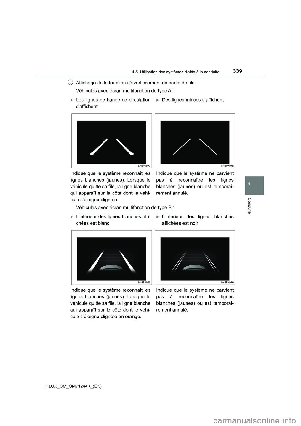 TOYOTA HILUX 2017 Notices Demploi (in French) 3394-5. Utilisation des systèmes d’aide à la conduite
4
Conduite
HILUX_OM_OM71244K_(EK)
Affichage de la fonction d’avertissement de sortie de file
Véhicules avec écran multifonction de type A TOYOTA HILUX 2017 Notices Demploi (in French) 3394-5. Utilisation des systèmes d’aide à la conduite
4
Conduite
HILUX_OM_OM71244K_(EK)
Affichage de la fonction d’avertissement de sortie de file
Véhicules avec écran multifonction de type A