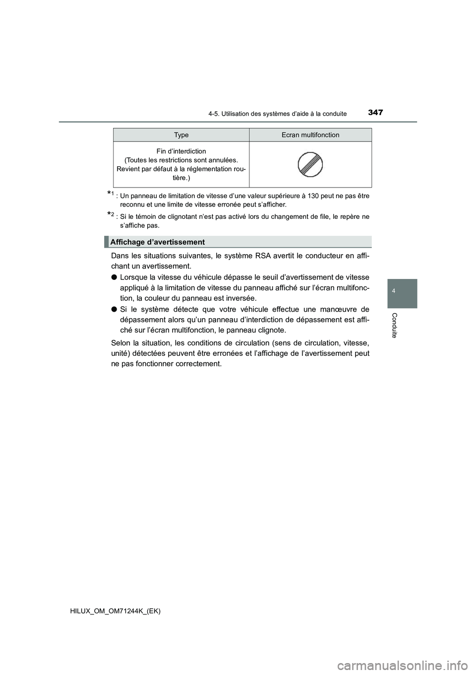 TOYOTA HILUX 2017 Notices Demploi (in French) 3474-5. Utilisation des systèmes d’aide à la conduite
4
Conduite
HILUX_OM_OM71244K_(EK)
*1 : Un panneau de limitation de vitesse d’une valeur supérieure à 130 peut ne pas être
reconnu et une TOYOTA HILUX 2017 Notices Demploi (in French) 3474-5. Utilisation des systèmes d’aide à la conduite
4
Conduite
HILUX_OM_OM71244K_(EK)
*1 : Un panneau de limitation de vitesse d’une valeur supérieure à 130 peut ne pas être
reconnu et une