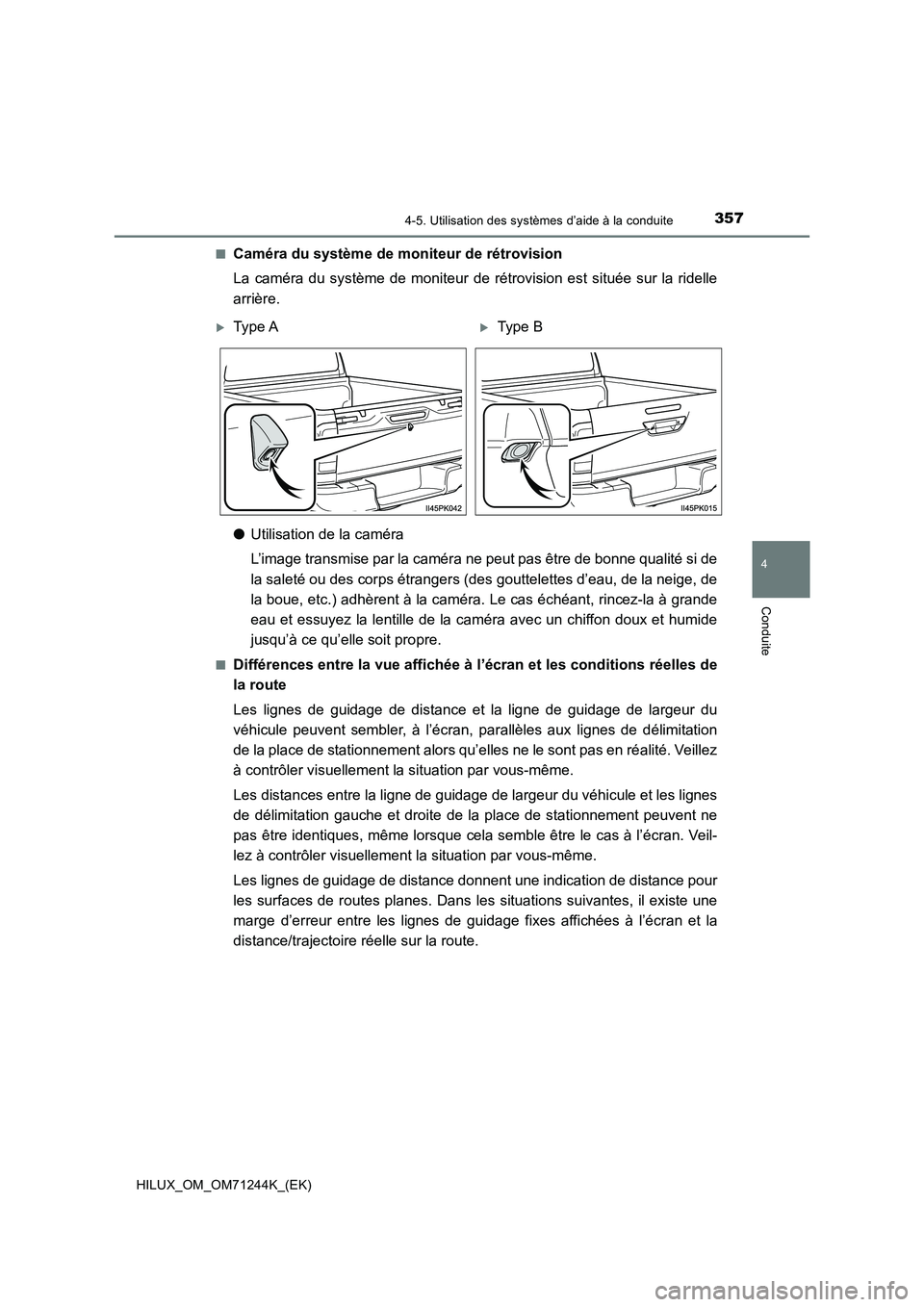 TOYOTA HILUX 2017 Notices Demploi (in French) 3574-5. Utilisation des systèmes d’aide à la conduite
4
Conduite
HILUX_OM_OM71244K_(EK)■
Caméra du système de moniteur de rétrovision
La caméra du système de moniteur de rétrovision est si TOYOTA HILUX 2017 Notices Demploi (in French) 3574-5. Utilisation des systèmes d’aide à la conduite
4
Conduite
HILUX_OM_OM71244K_(EK)■
Caméra du système de moniteur de rétrovision
La caméra du système de moniteur de rétrovision est si