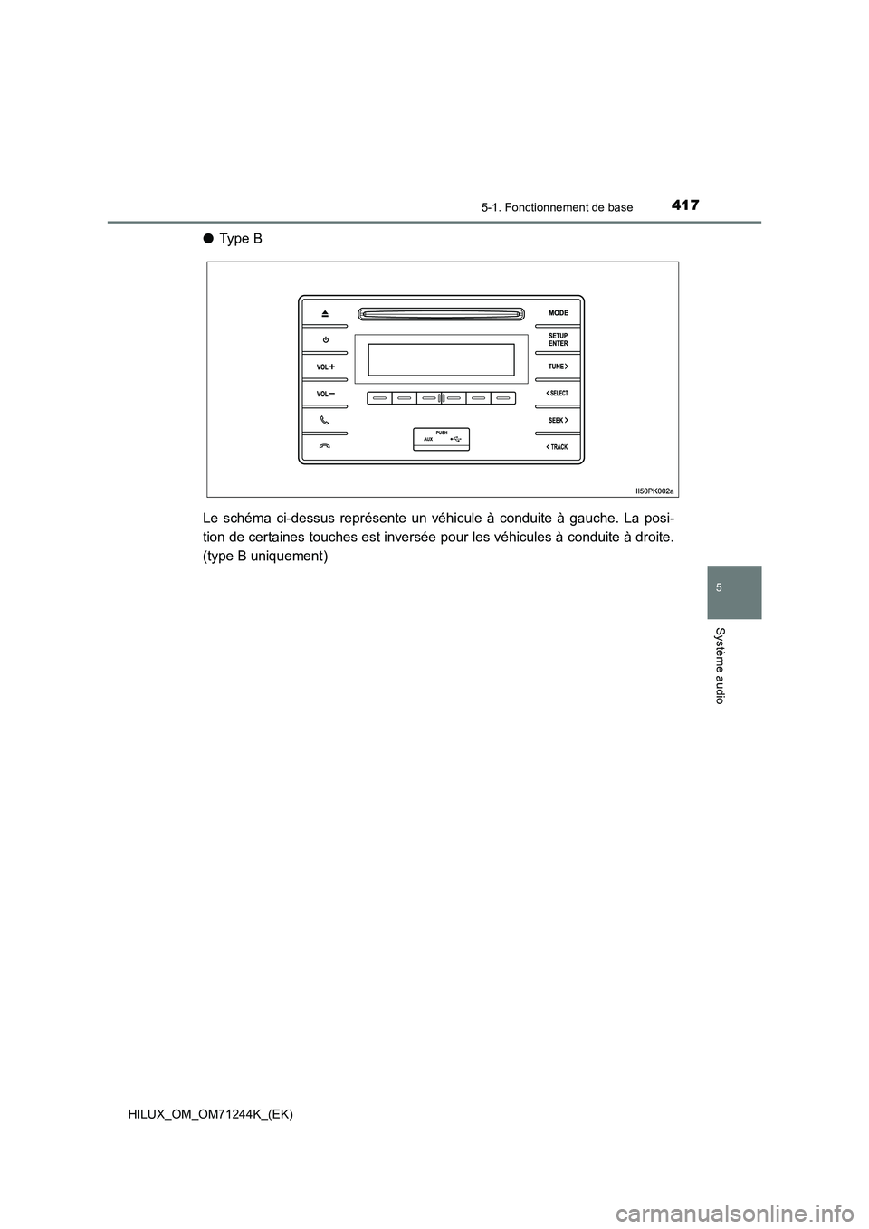 TOYOTA HILUX 2017 Notices Demploi (in French) 4175-1. Fonctionnement de base
5
Système audio
HILUX_OM_OM71244K_(EK)
●Type B
Le schéma ci-dessus représente un véhicule à conduite à gauche. La posi-
tion de certaines touches est inversée p TOYOTA HILUX 2017 Notices Demploi (in French) 4175-1. Fonctionnement de base
5
Système audio
HILUX_OM_OM71244K_(EK)
●Type B
Le schéma ci-dessus représente un véhicule à conduite à gauche. La posi-
tion de certaines touches est inversée p