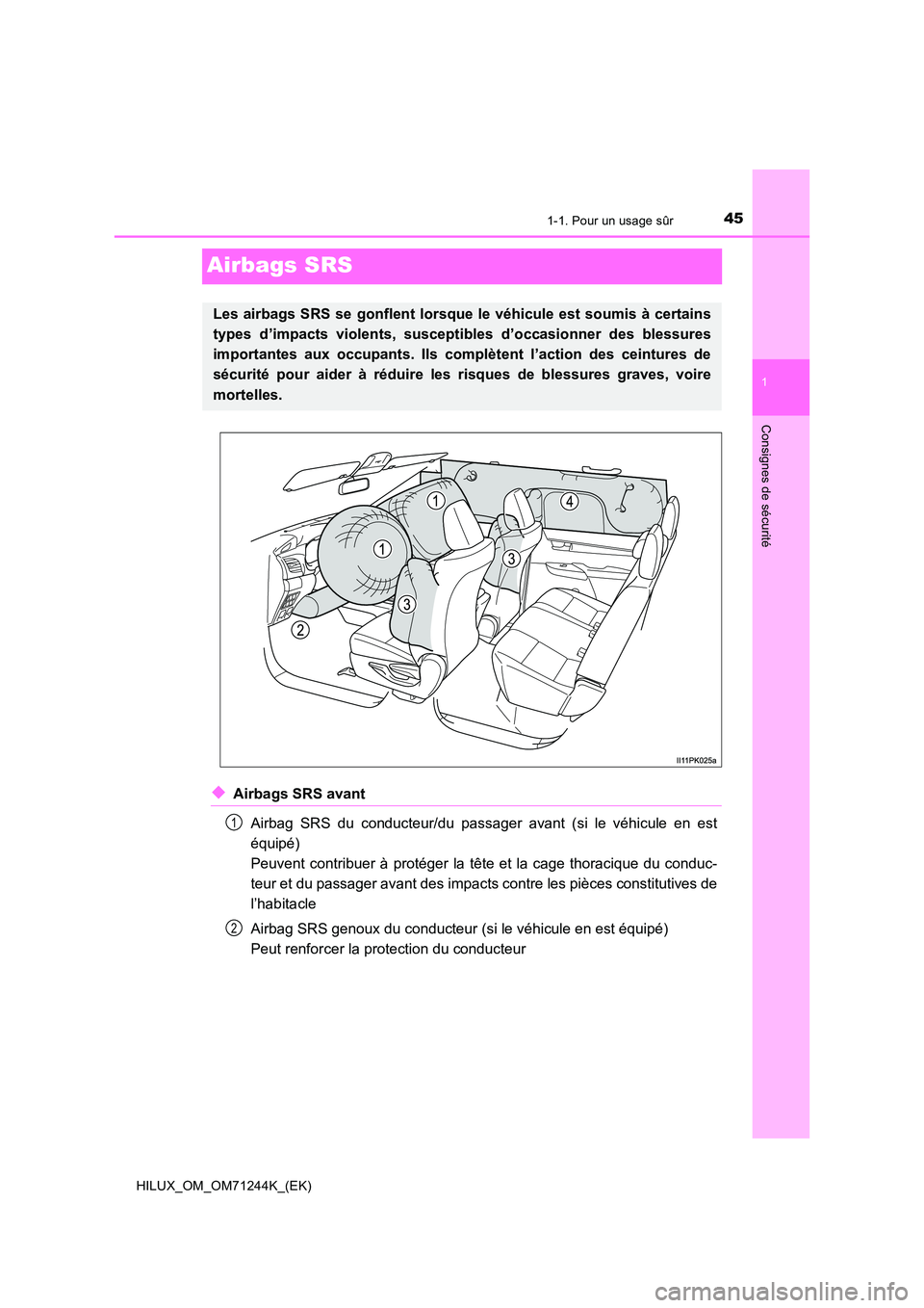 TOYOTA HILUX 2017  Notices Demploi (in French) 451-1. Pour un usage sûr
1
Consignes de sécurité
HILUX_OM_OM71244K_(EK)
Airbags SRS
◆Airbags SRS avant 
Airbag SRS du conducteur/du passager avant (si le véhicule en est 
équipé) 
Peuvent cont