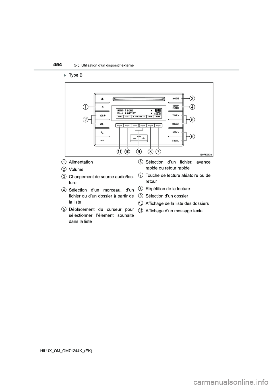 TOYOTA HILUX 2017 Notices Demploi (in French) 4545-5. Utilisation d’un dispositif externe
HILUX_OM_OM71244K_(EK)
Type B
Alimentation
Volume
Changement de source audio/lec-
ture
Sélection d’un morceau, d’un
fichier ou d’un dossier à p TOYOTA HILUX 2017 Notices Demploi (in French) 4545-5. Utilisation d’un dispositif externe
HILUX_OM_OM71244K_(EK)
Type B
Alimentation
Volume
Changement de source audio/lec-
ture
Sélection d’un morceau, d’un
fichier ou d’un dossier à p