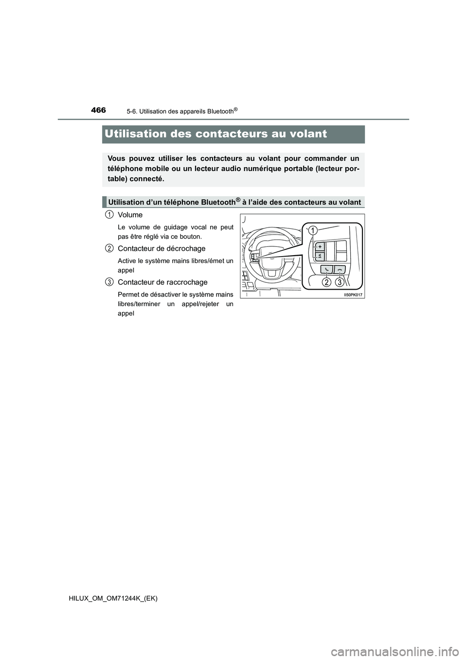TOYOTA HILUX 2017 Notices Demploi (in French) 4665-6. Utilisation des appareils Bluetooth®
HILUX_OM_OM71244K_(EK)
Utilisation des contacteurs au volant
Volume
Le volume de guidage vocal ne peut
pas être réglé via ce bouton.
Contacteur de déc TOYOTA HILUX 2017 Notices Demploi (in French) 4665-6. Utilisation des appareils Bluetooth®
HILUX_OM_OM71244K_(EK)
Utilisation des contacteurs au volant
Volume
Le volume de guidage vocal ne peut
pas être réglé via ce bouton.
Contacteur de déc